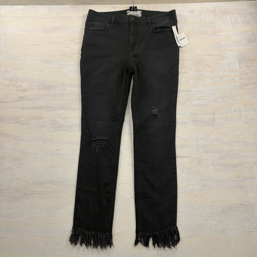 Free People Jeans 28 Distressed Fringed Hem Black Denim Womens NWT